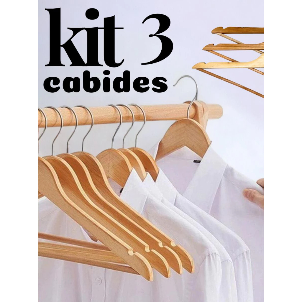 Kit Cabide De Madeira 3 Unidades Cabide De Calça Cabide De Roupa Gancho Cromado Gíratorio