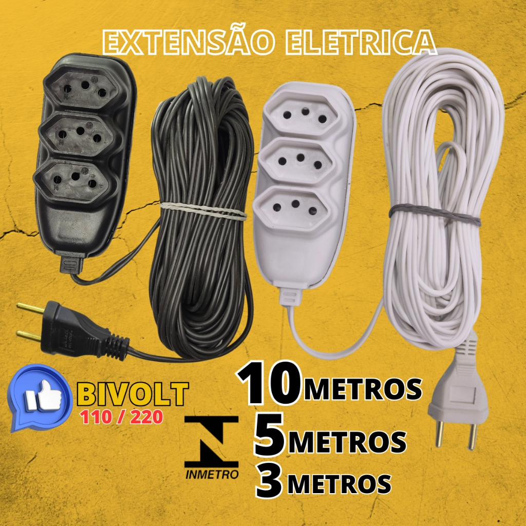 Extensão elétrica 2, 3 5 e 10 Metros Extensão de Energia 3 Tomadas com 3 metros 5 metros 10 metros