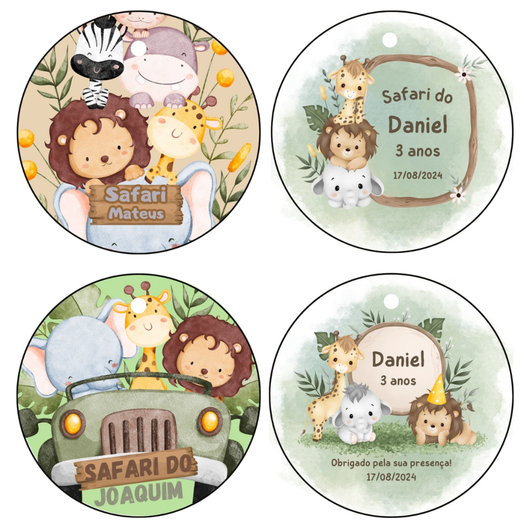 Kit 100 tags Personalizados redondo Safari para Sacolas e Lembrancinhas de Anivérsario