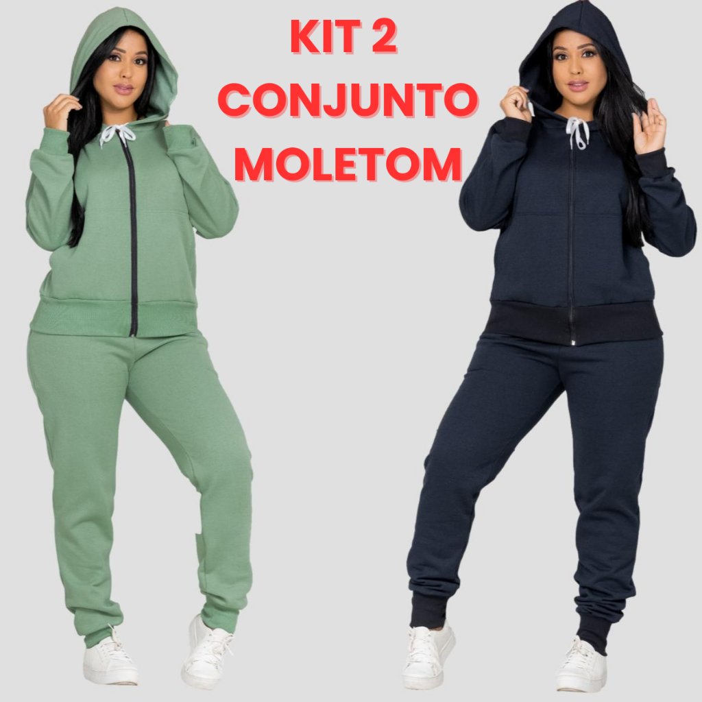 Kit 2 Conjunto Moletom Feminino Inverno Frio Flanelado Zíper Capuz