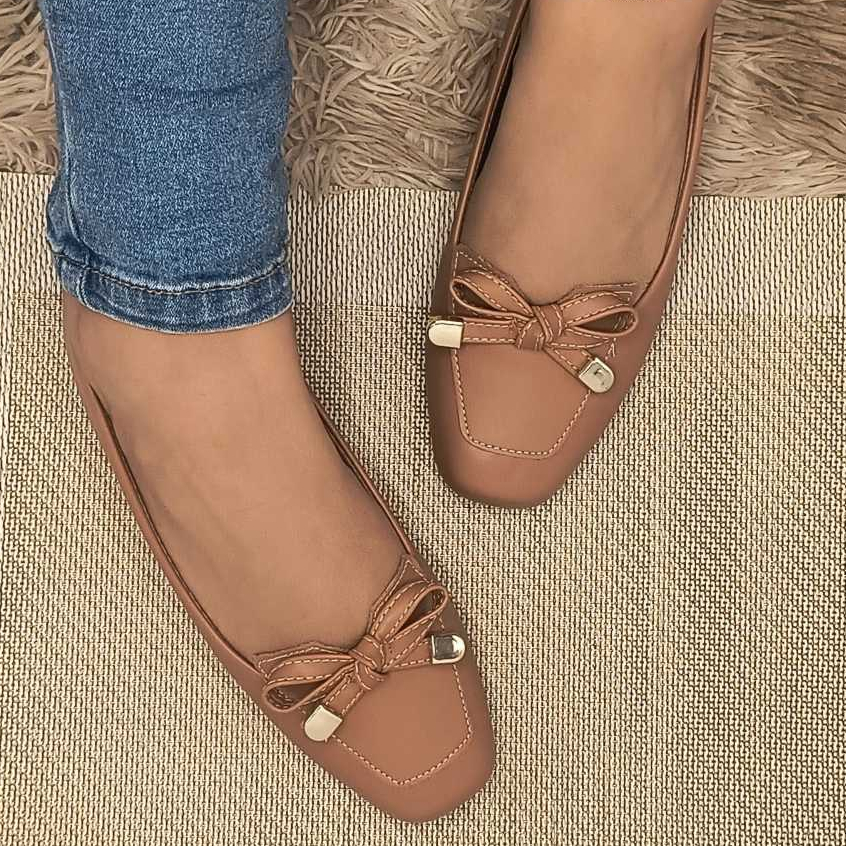 Mocassim Feminino Sapatilha Bico Quadrado com Laço Sapatilha Mulher Estilosa Moda Confortável