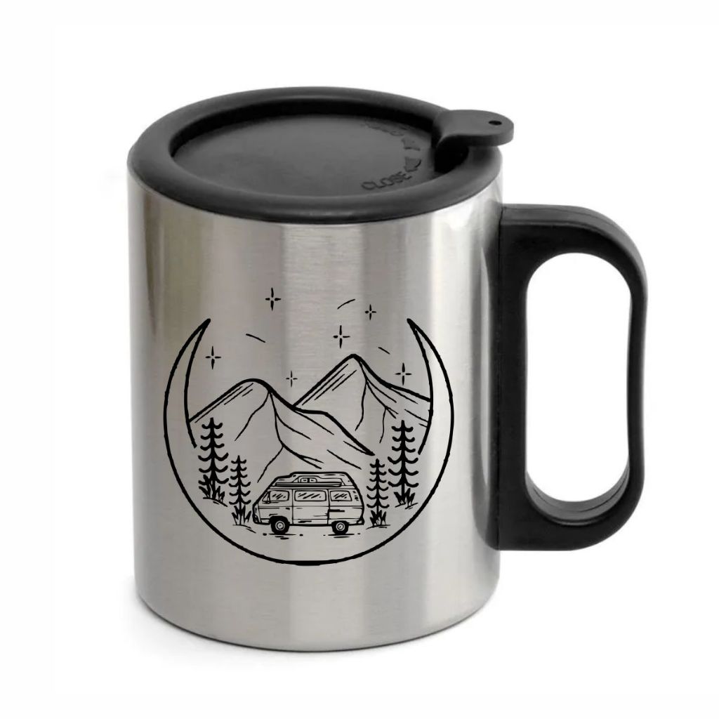 Caneca Inox 250ml com Tampa e Alça Preta – Motorhome Lua