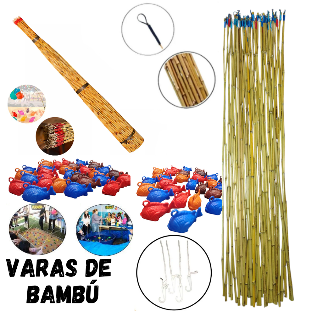 Kit 10, 20 OU 30 Peixes + 1,2,3 OU 5 Varas de 100cm 1 metro Festa Junina Pescaria Brincade...