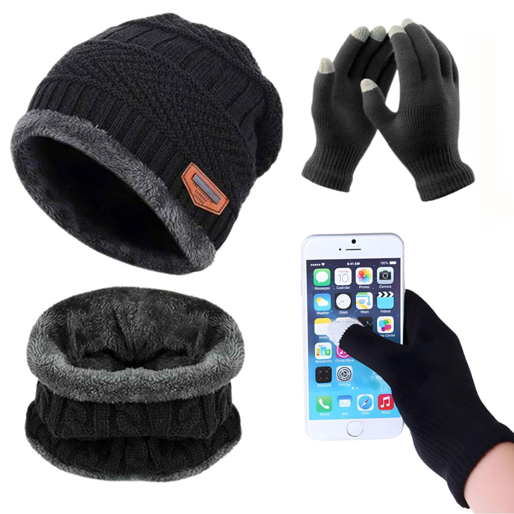 Kit Frio Touca de  Frio Pelinho  Premiun + Luva Touch Celular + Cachecol Echarpe Protetor de Pescoco