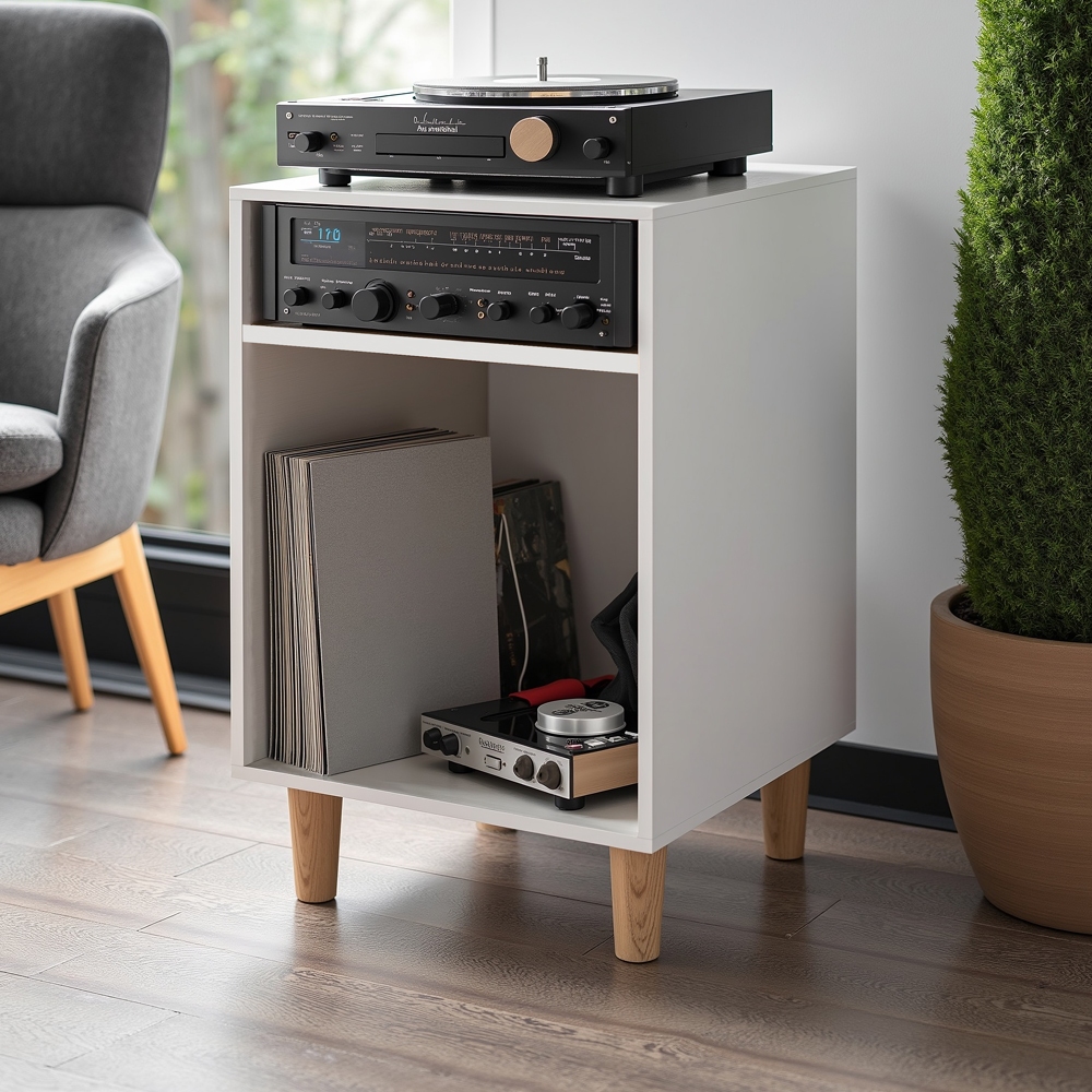 Rack para Vitrola e Discos de Vinil com Nicho Extra – Móvel Cubo Vintage