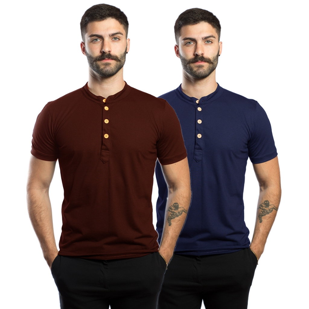 Kit de 2 Camisetas Henley Masculinas Manga Curta e Gola Padre