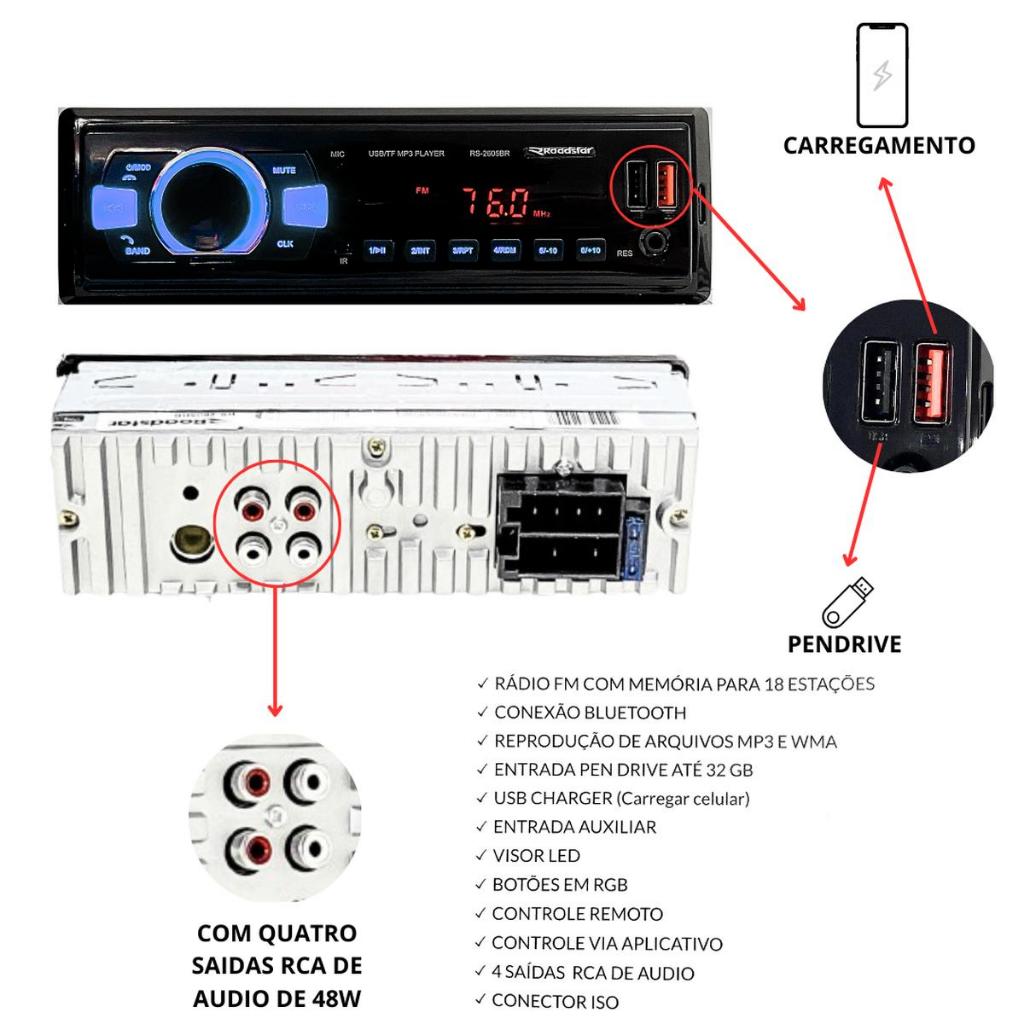 Radio Automotivo Bluetooth Potente Melhor Que Pioner Soni Led 7 Cores Acc Controle Longa Distancia