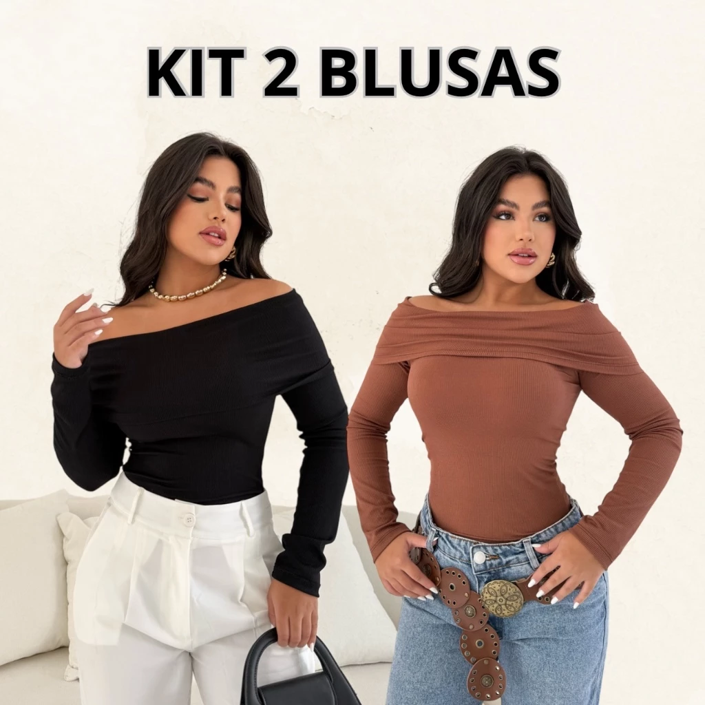 Kit 2 blusinha feminina ombro a ombro manga longa outono inverno Ribana Canelada — imagem 1