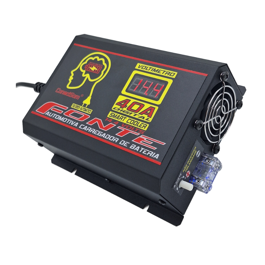 Fonte automotiva inteligente 40 amperes bivolt automático com voltímetro caixa bob