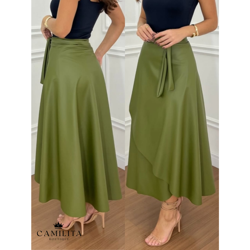Saia Envelope Couro Ecológico Courino Preta Saia Feminina Midi Tamanho Unico Moda Evangelica