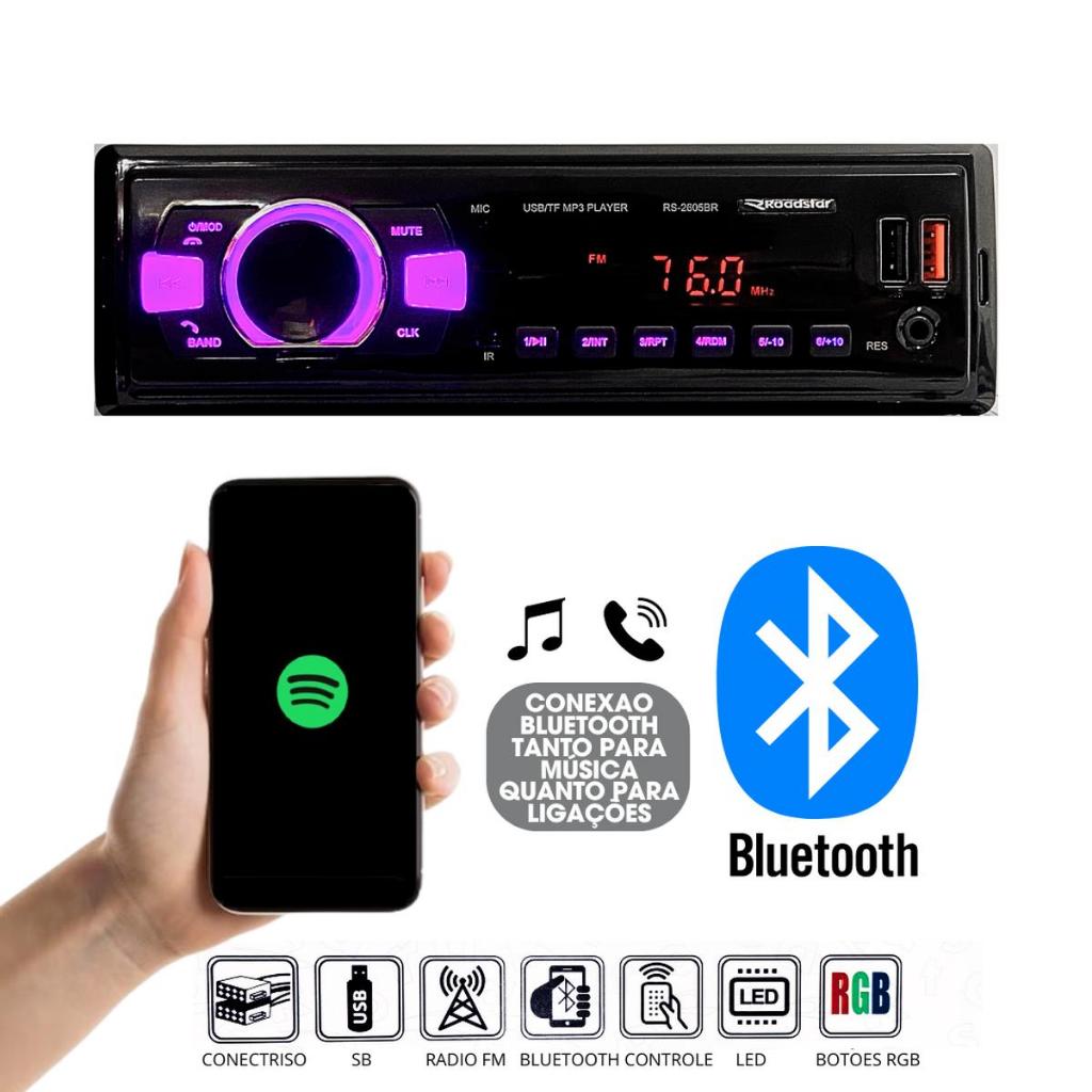 Rádio Automotivo Potente Mp3 Roadstar Bluetooth Usb Carrega Celular 7 Cores Led