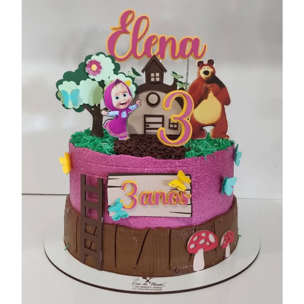 TOPO DE BOLO MASHA E O URSO - TOPPER DE BOLO MASHA E O URSO PERSONALIZADO 3D COM NOME E VELINHA  -