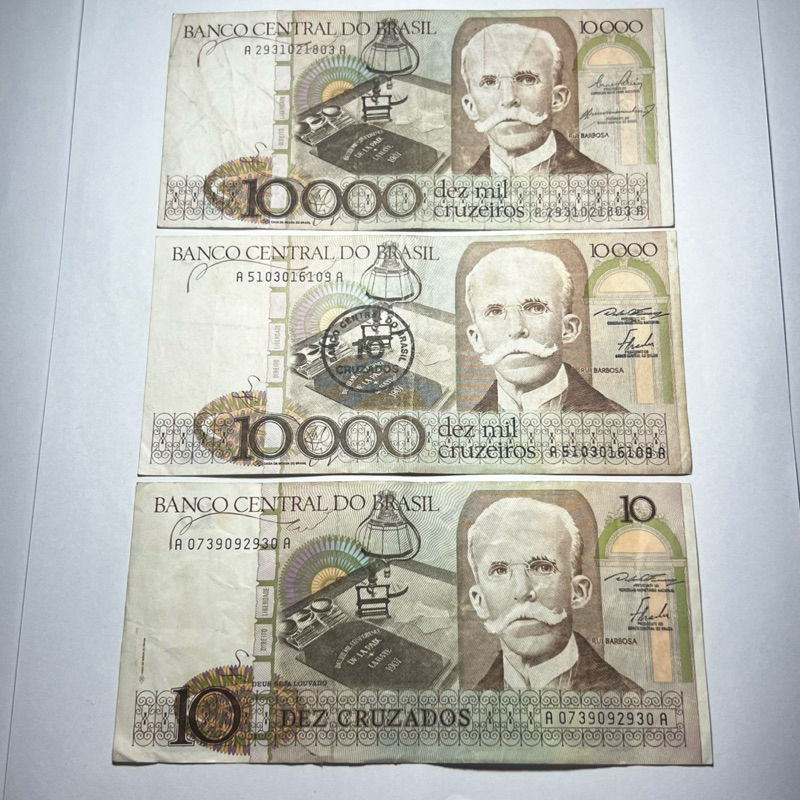 Lote de 3 Cedulas 10000 Dez Mil Cruzeiros Com e sem Carimbo e 10 Cruzados Rui Barbosa