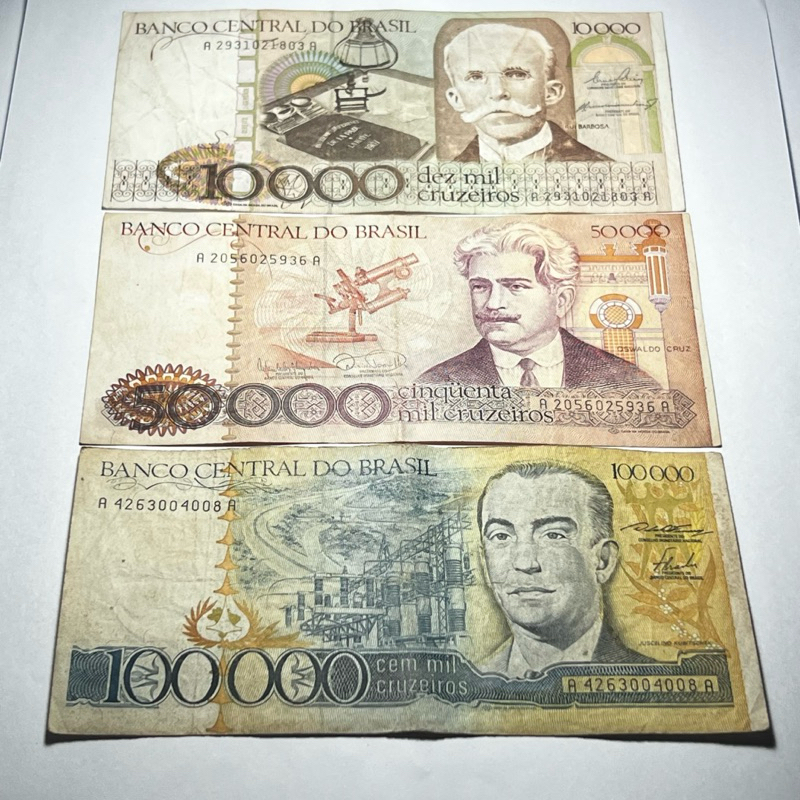 Lote 3 Cédulas 10 50 e 100 Mil Cruzeiros Sem Carimbo Rui Barbosa Oswaldo Cruz e Juscelino BC