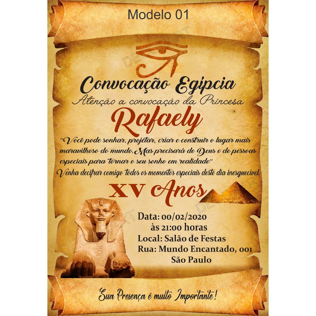 Convite Pergaminho Festa de Aniversário 15 Anos - Convite Egito Esfinge de Gizé + Individuais