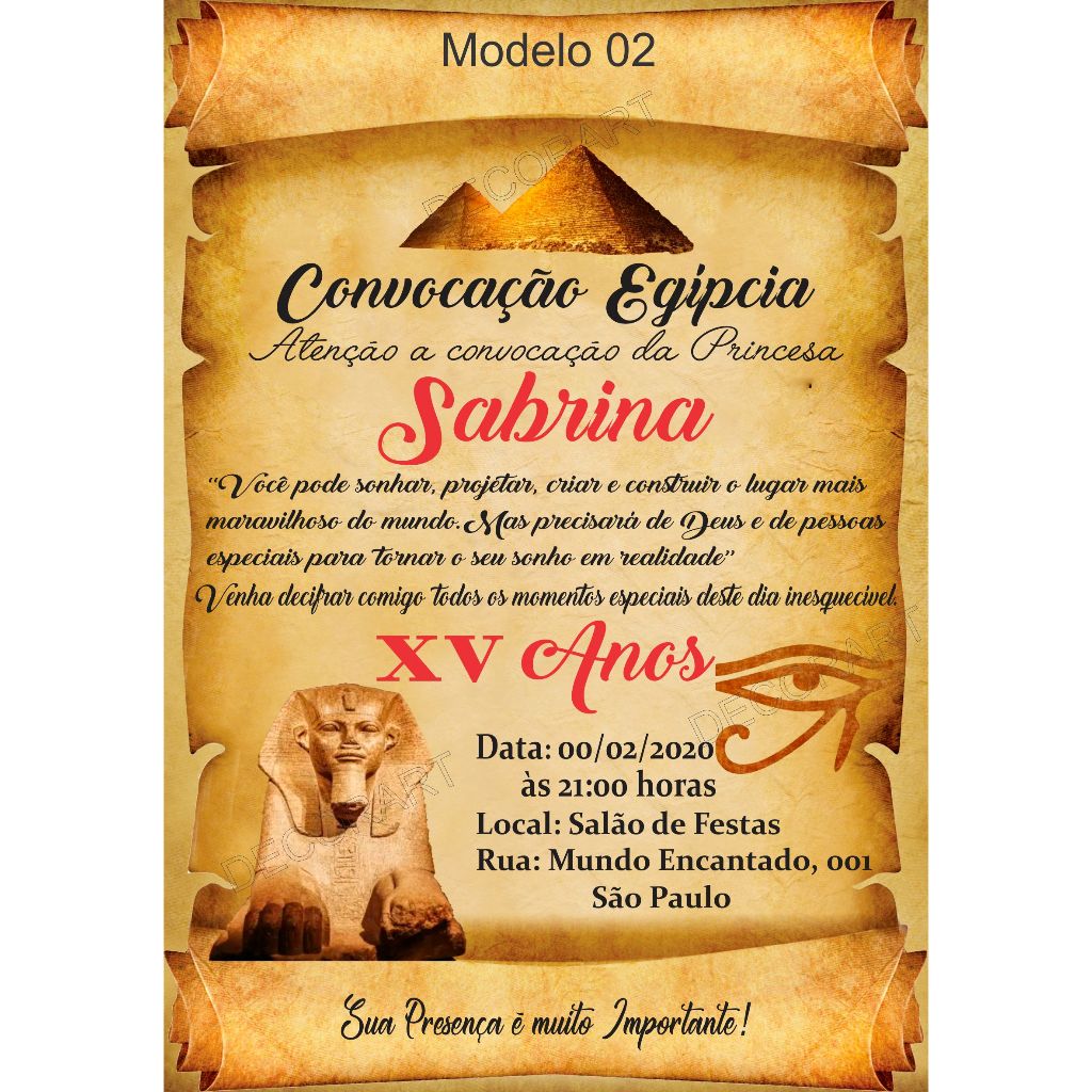 Convite Festa 15 Anos Debutante - Convite Pergaminho Egito Esfinge de Gizé + Convites Individuais