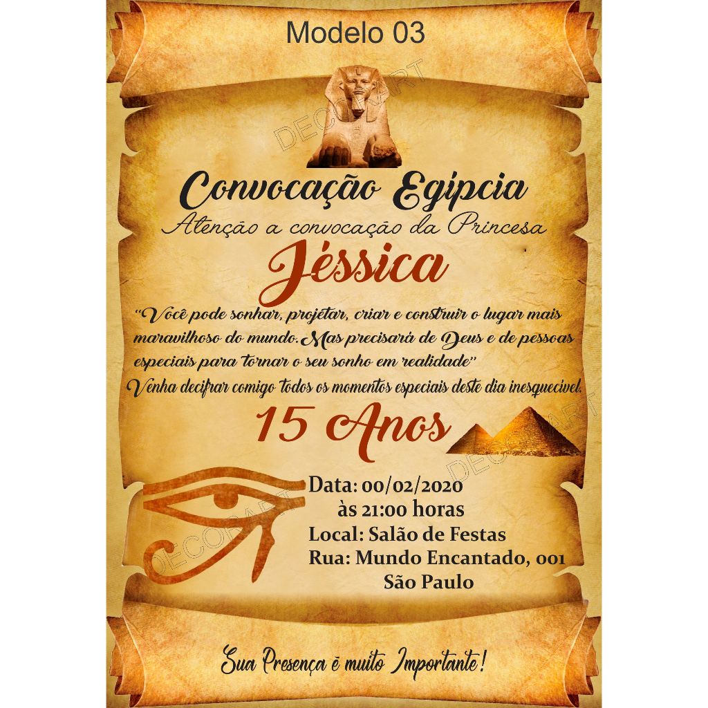 Convite Pergaminho Festa 15 Anos Egito - Convite Egito Olho de Hórus Debutante + Individuais