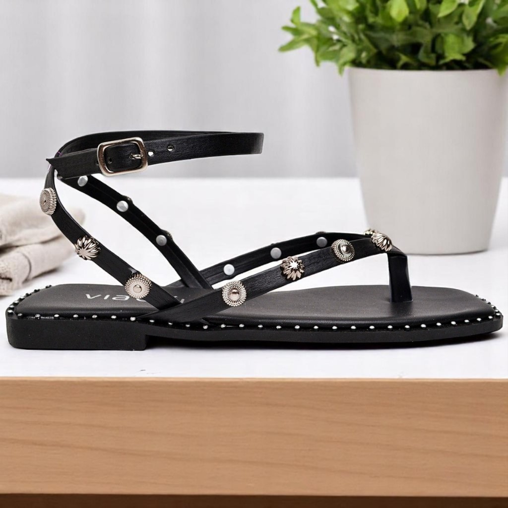 Rasteirinha Sandália Bico Quadrado Feminina De Couro Com Detalhes De Spikes Confortável e Estilosa em Oferta na Shopee