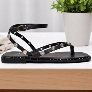 Rasteirinha Sandália Bico Quadrado Feminina De Couro Com Detalhes De Spikes Confortável e Estilosa em Oferta na Shopee