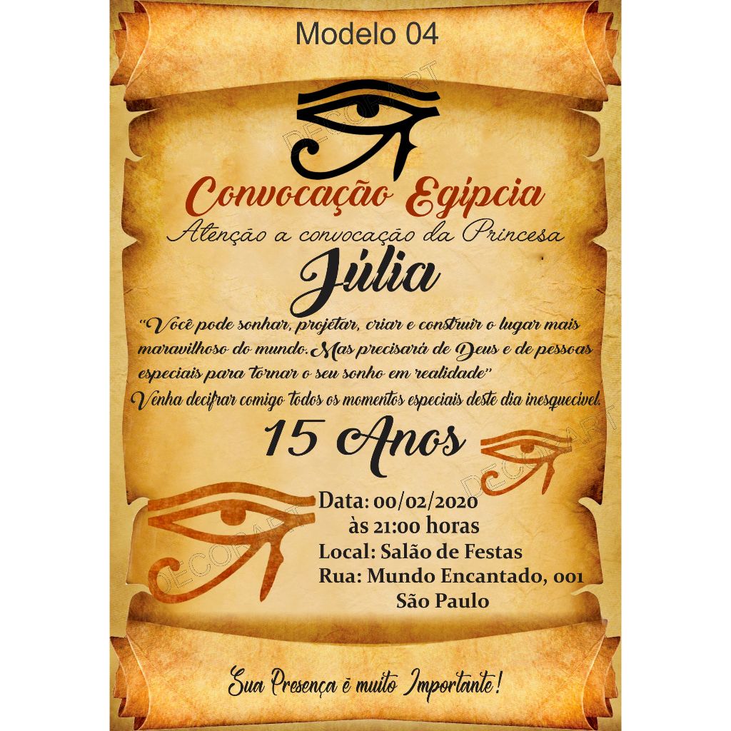 Convite Aniversário Tema Egito Olho de Hórus Pergaminho Festa 15 Anos Debutante + Individuais