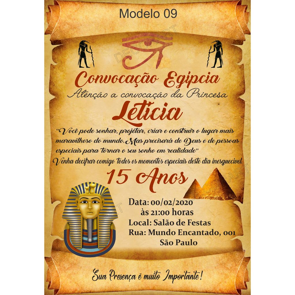 Convite Festa 15 Anos Egito Esfinge de Gizé Olho de Hórus - Convite Pergaminho Egito + Individuais