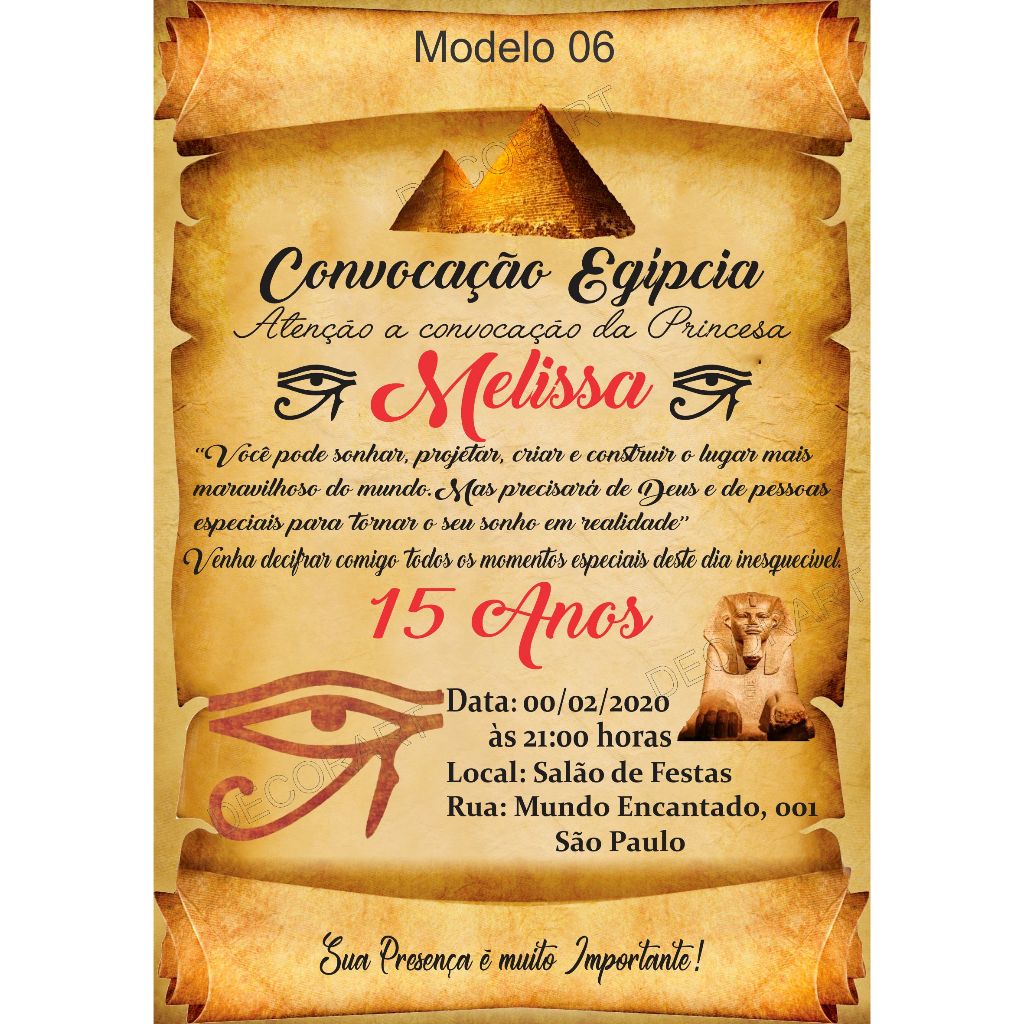 Convite Pergaminho Olho de Hórus Egito - Convite Festa 15 Anos Debutante Tema Egito + Individuais