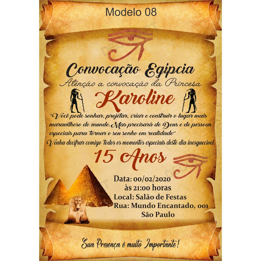 Convite 15 Anos Egito Piramide Olho de Hórus - Convite Pergaminho Debutante + Convite Individual