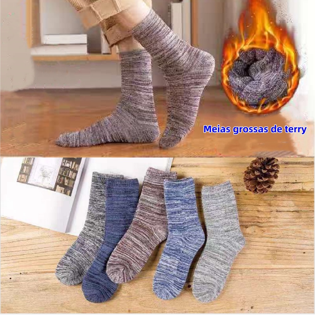 3/6/12 pares de meias Masculina grossas e quentes de cano médio, meias de toalha tamanho 40-46 em Oferta na Shopee
