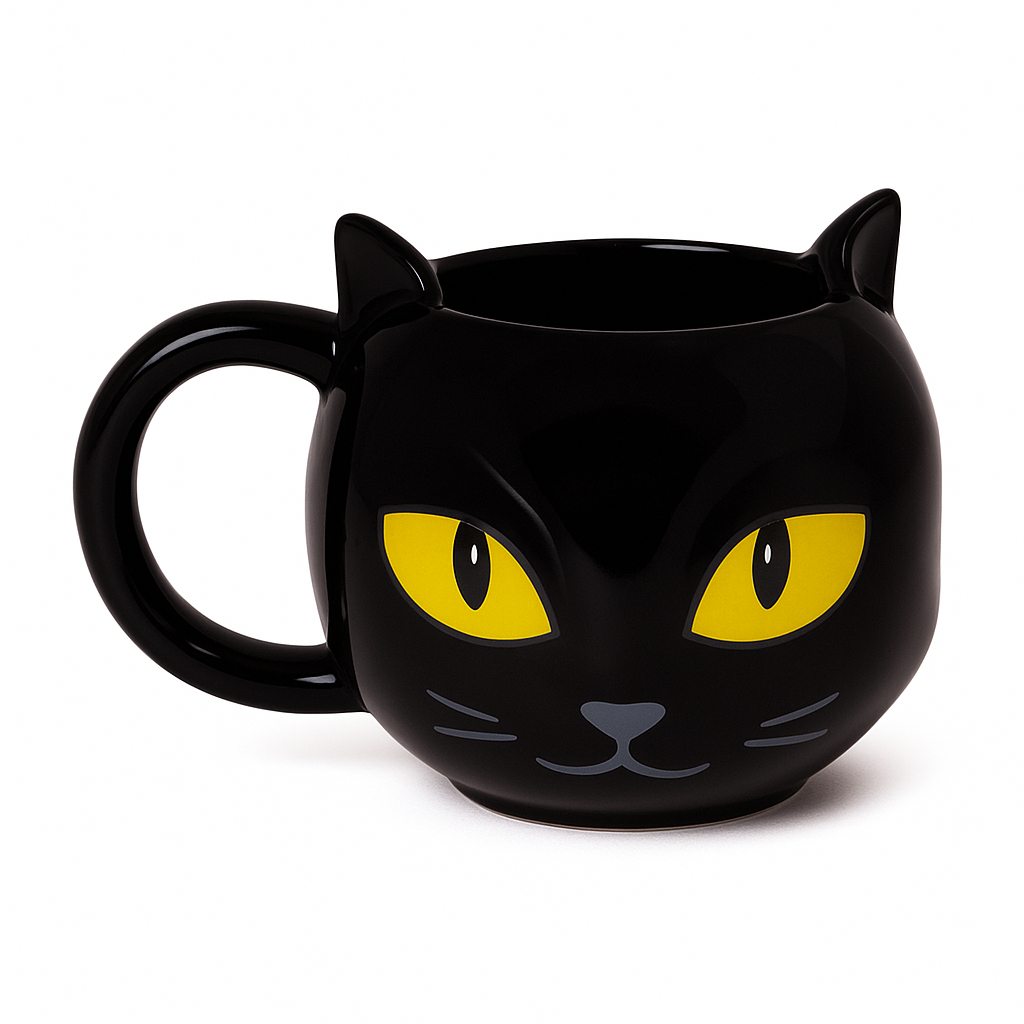 Caneca 3d Gato Preto Olhos Amarelos Cerâmica Brilhante Enfeite Presente