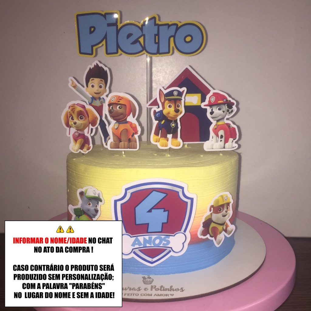 Topo de Bolo - Topper de Bolo Personalizado Aniversário Mesversario Patrulha Canina