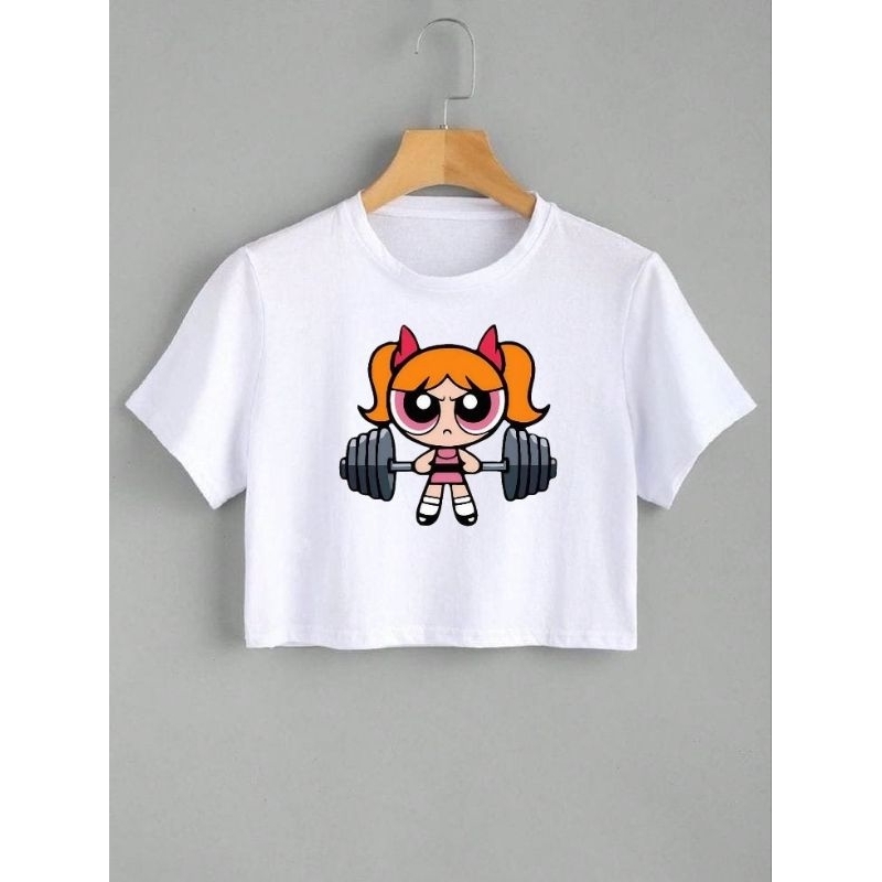 Cropped feminino branco estampado fitness academia meninas super poderosas peso