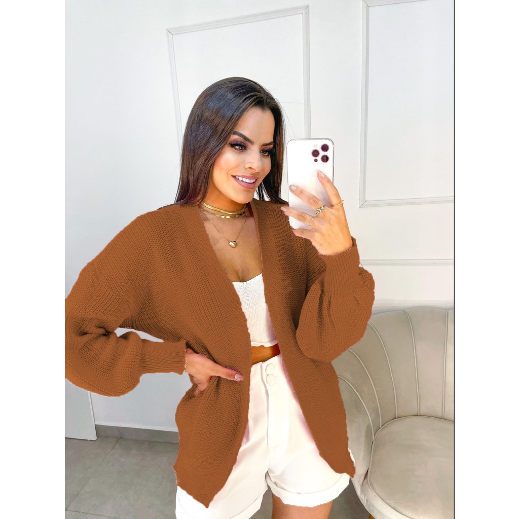 casaco fang linha cardigan manga bufante em Oferta na Shopee