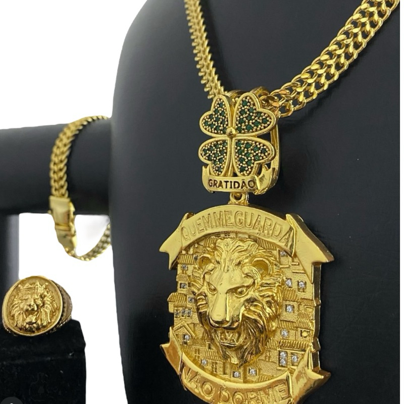 kit Cordão e pulseira lacraia 12mm + pingente e Anel Leão banhado a ouro 18k