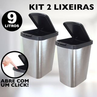 Kit 2 Lixeiras Cesto de Lixo 9 Litros Com Tampa Click Para Banheiro e Cozinha - Plástico Metalizado (Inox) em Oferta na Shopee