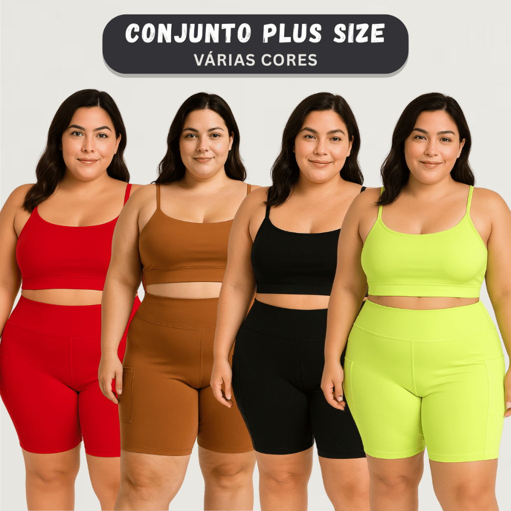 Conjunto Fitness Feminino Plus Size  + Short Bermuda com Bolso Poliamida Legging Academia Treino