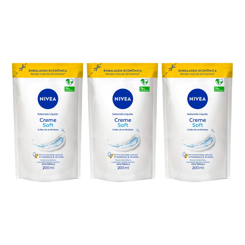 KIT NIVEA Sabonete Líquido Refil Creme Soft 200ml - 3 Unidades