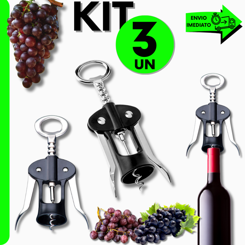Kit 3/2/1 Unidade  Saca Rolha C/ Abridor de Latas Tipo Borboleta Linha Premium P/ Cozinha Restaurante e Bar de Luxo