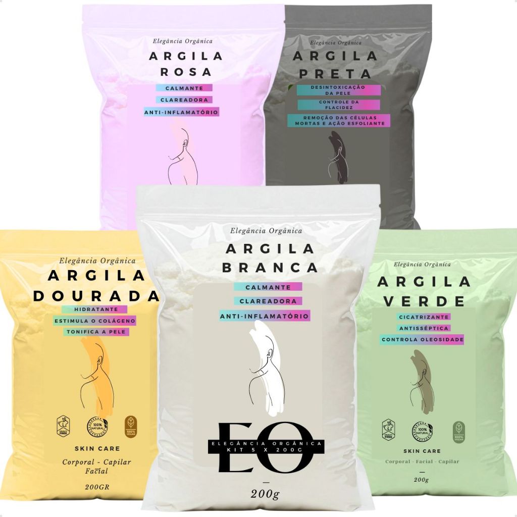SkinCare Argila 1kg = 5x200gr de cada cor - VERDE - BRANCA - PRETA - ROSA - DOURADA 100% Pura