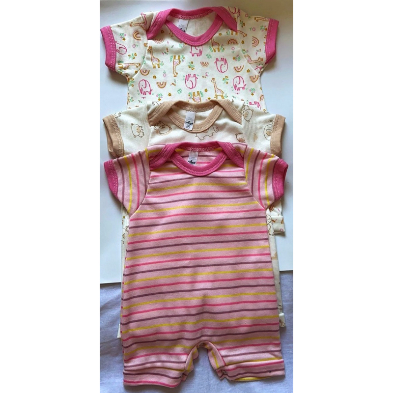 Conjunto Kit 2 Peças Macacão Estampado Manga Curta Roupa De Menina Tecido Canelado