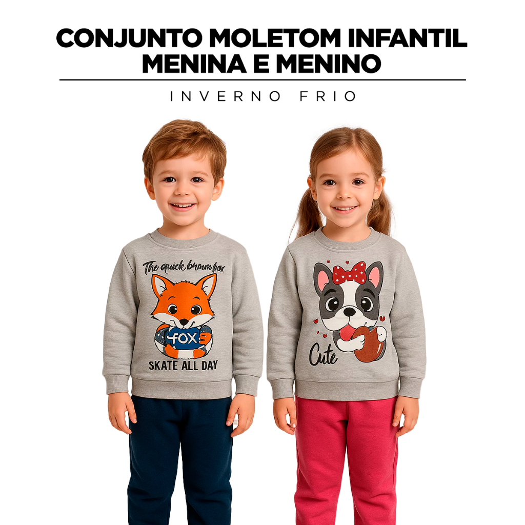 Conjunto Moletom Infantil Menina e Menino 1 ao 8 anos Inverno frio promoção kids