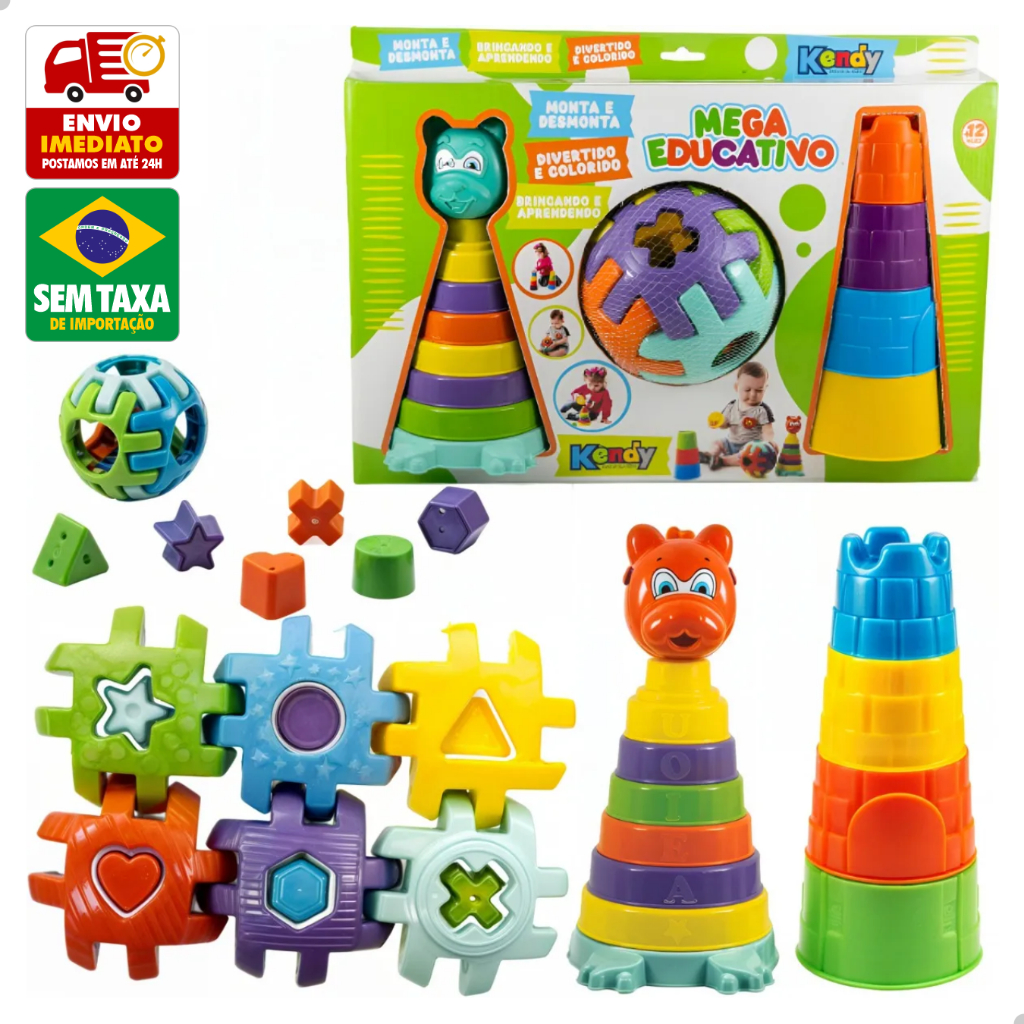 Brinquedo Mega Educativo Bebe Empilha Encaixa Formas Geometricas Kendy BQ9427A BQ9430A em Oferta na Shopee