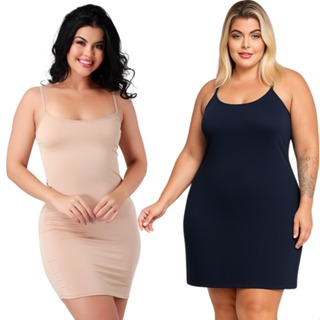 Anágua Plus Size Vestido Segunda Pele Liso Decote Reto Com Alça Fina Confortável em Oferta na Shopee