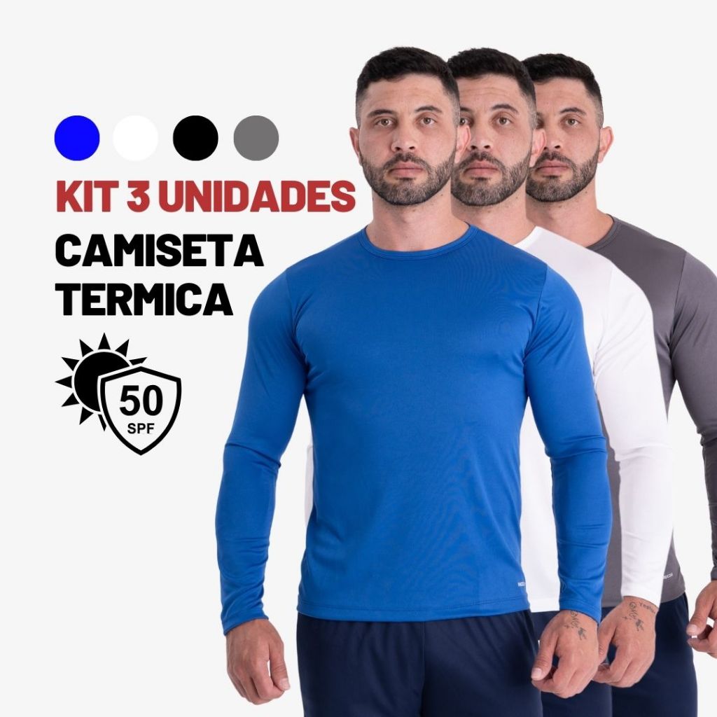 KIT 3 Camisetas Térmica Com Proteção UV 50 + Blusa Masculina Manga Longa Camisa Segunda Pele Unissex