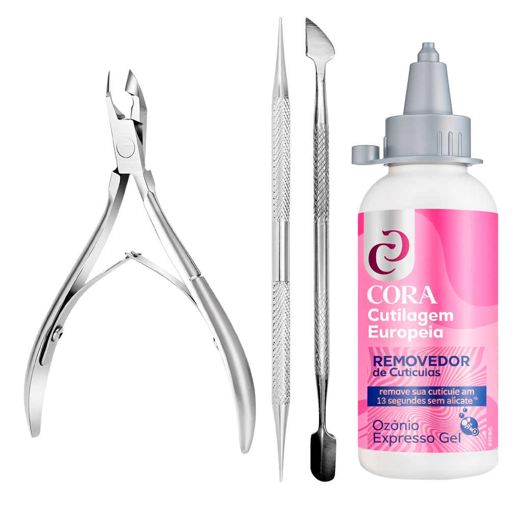 Kit Removedor De Cutícula Expresso Gel Ozônio 100ml Alicate De Cutícula Espátula E Palito Cora