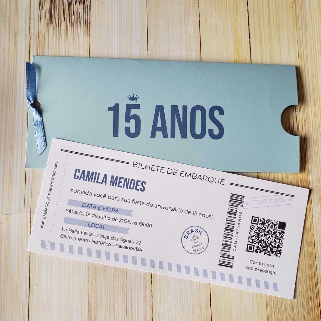 Convites de Aniversário 15 Anos Debutante | Passagem Aérea | Diversas Cores AN2