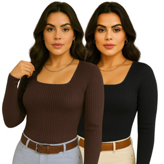 Kit 2 Blusas Canelada Blusa Feminina Decote Quadrado Manga Longa Trabalho Trabalho Básica ...