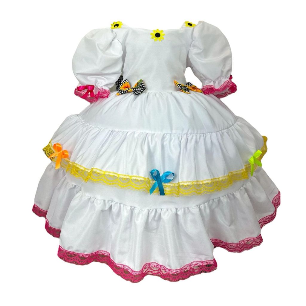 Vestido Junino Noivinha Branco Manga Curta Girassol Infantil Bebê Menina Temático Roupa De Festa Junina Noiva Arraial
