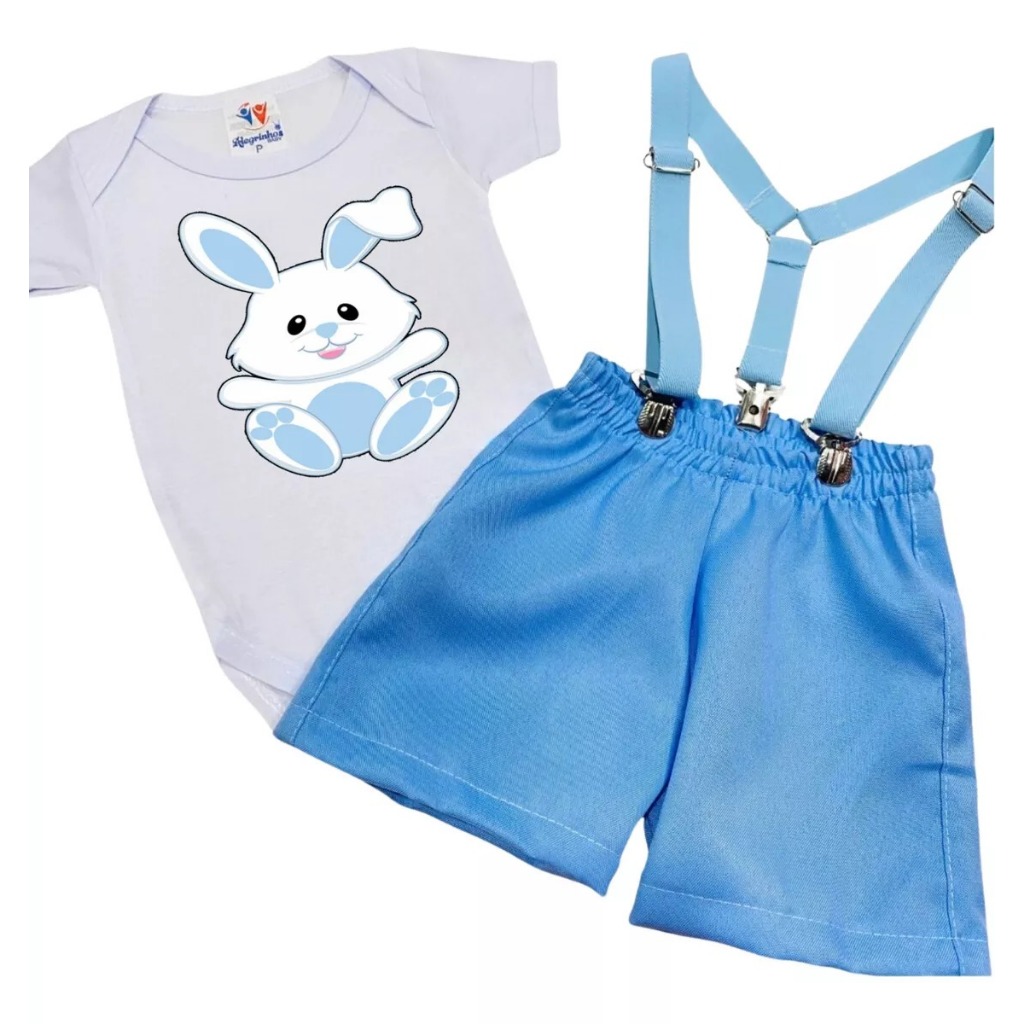 Body Coelhinho Bebê Menino Conjunto Infantil Temático Páscoa Infantil Short e Suspensório