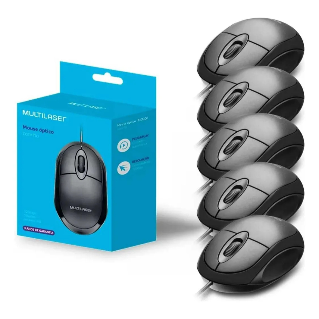 Kit 5 Mouses Multilaser MO300 USB 1200DPI | Ergonômico, Plug & Play, Pronto para Uso | Garantia 3 Anos