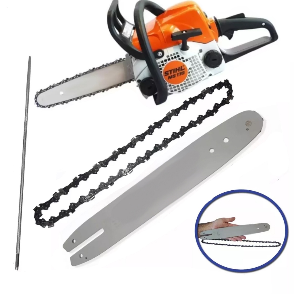 Sabre Motosserra Stihl 12pol Ms170 180 210 22 Dentes + 1 corrente + 1 lima em Oferta na Shopee